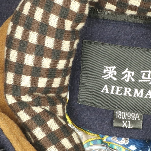 AIERMA Men's Blue Wool Blend Mid-Length Overcoat L