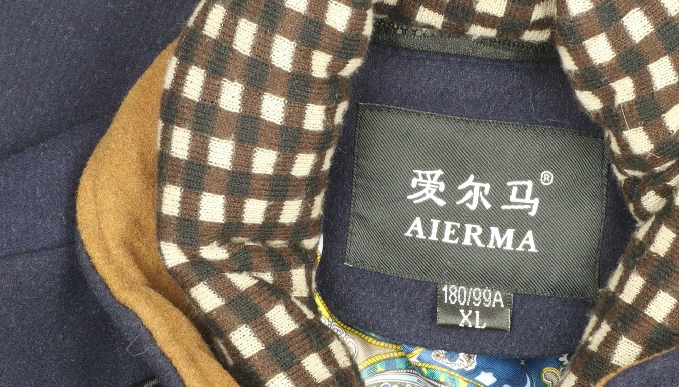AIERMA Men's Blue Wool Blend Mid-Length Overcoat L