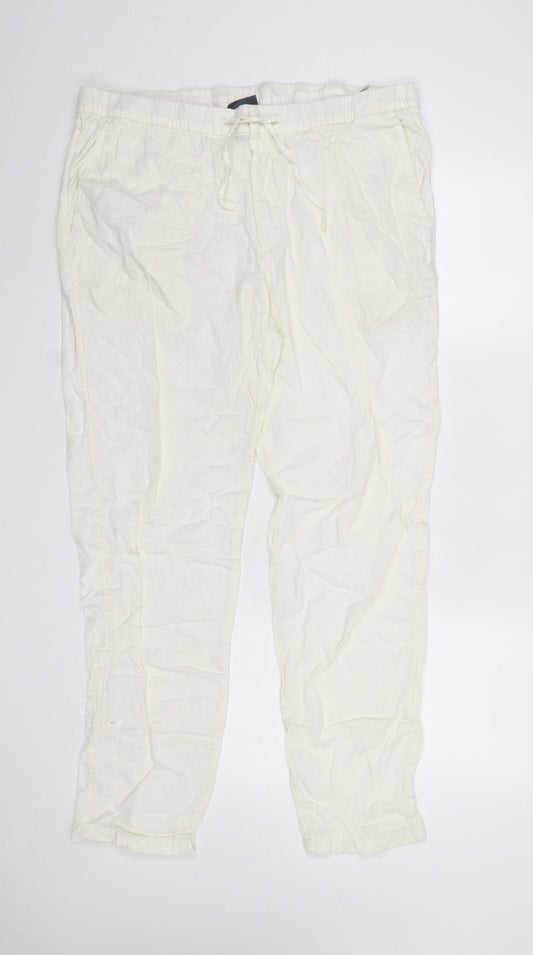 H&M Women Ivory Linen Cotton Jogger Trousers Size 12 Regular Fit