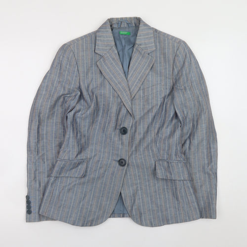 Benetton Women's Blue Striped Linen Blend Blazer Size 14