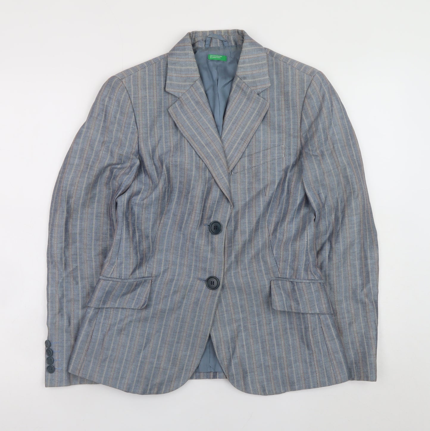 Benetton Women's Blue Striped Linen Blend Blazer Size 14
