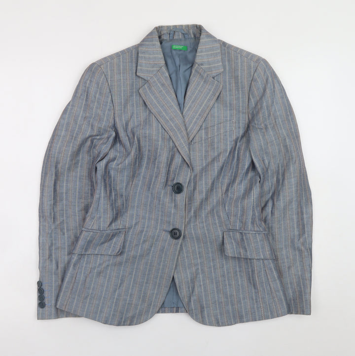 Benetton Women's Blue Striped Linen Blend Blazer Size 14