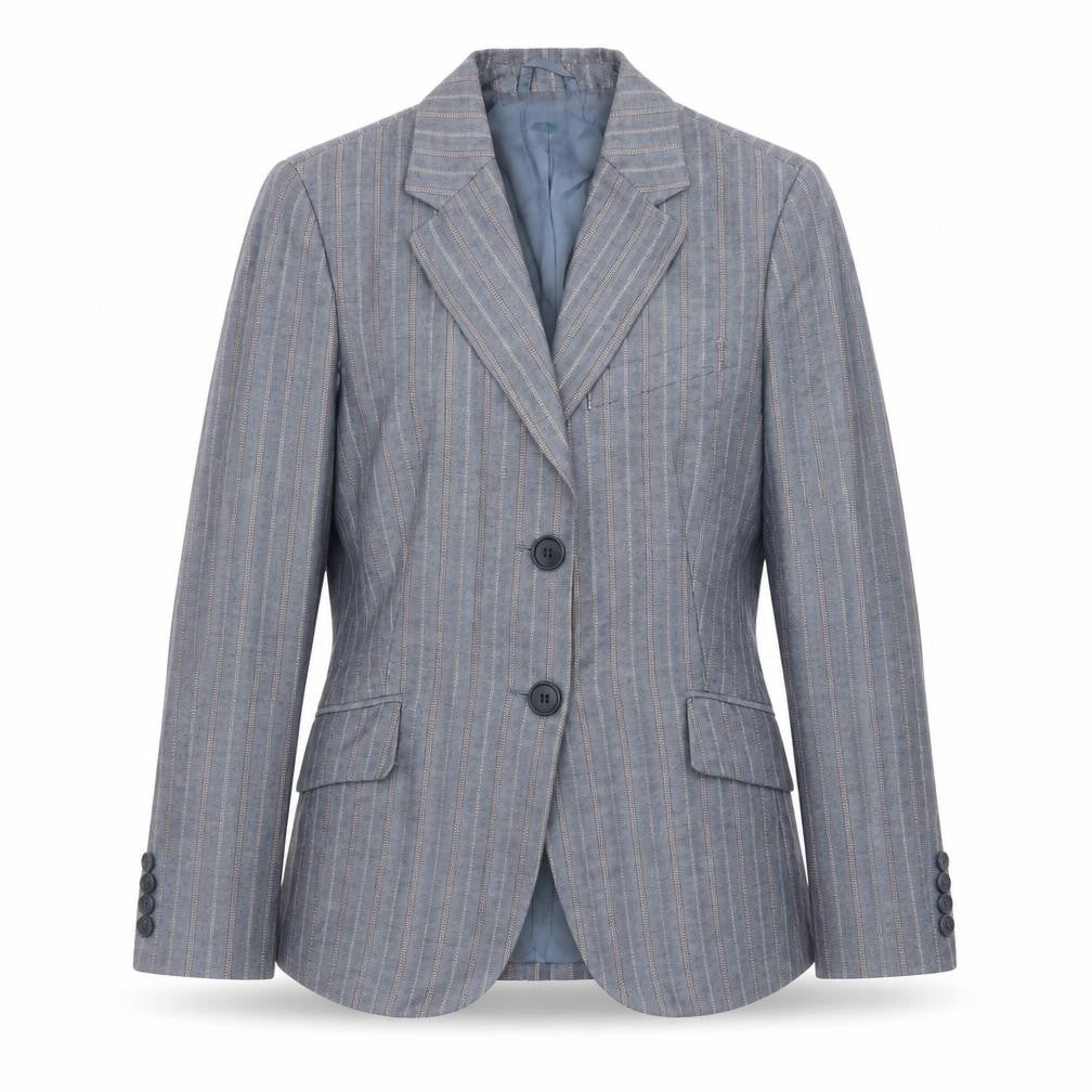 Front view of Benetton Women's Blue Striped Linen Blend Blazer, size 14