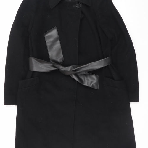 Jaeger Womens Black Wool Long Belted Coat UK 10 Medium Classic Style