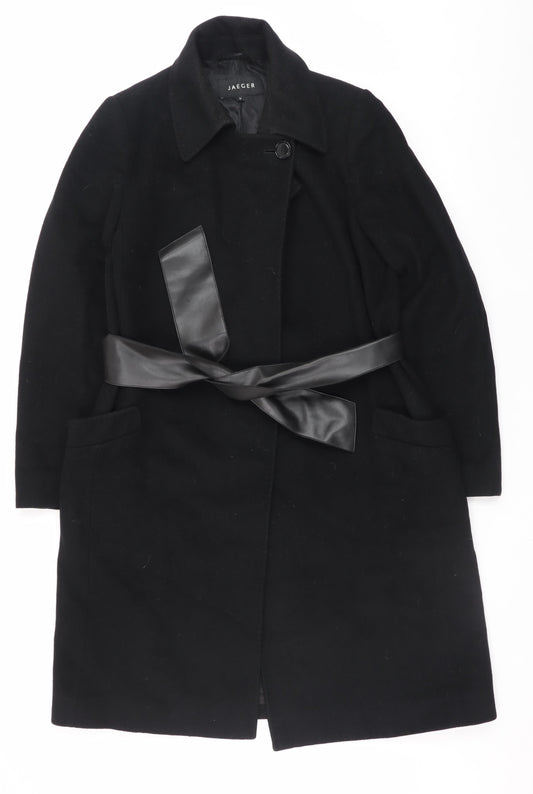 Jaeger Womens Black Wool Long Belted Coat UK 10 Medium Classic Style