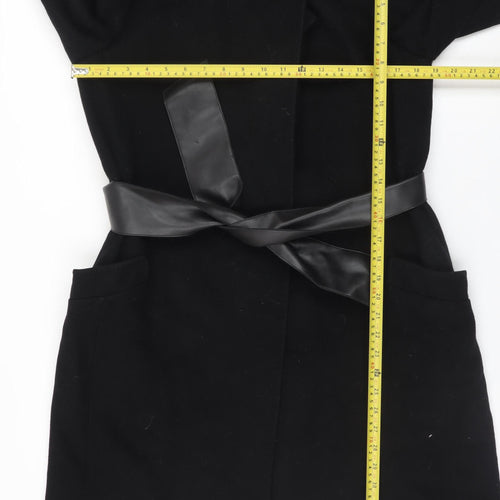 Jaeger Womens Black Wool Long Belted Coat UK 10 Medium Classic Style