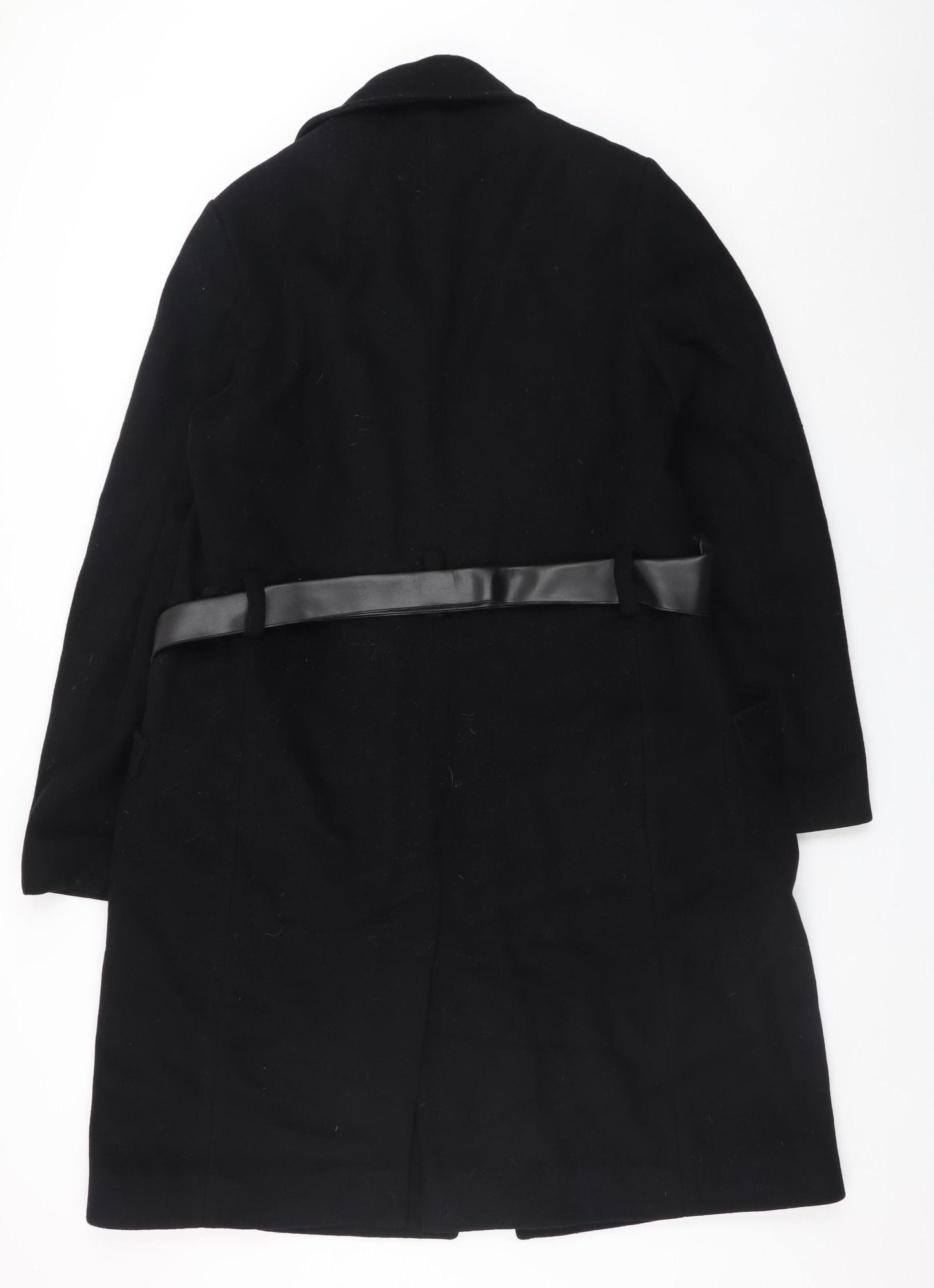 Jaeger Womens Black Wool Long Belted Coat UK 10 Medium Classic Style