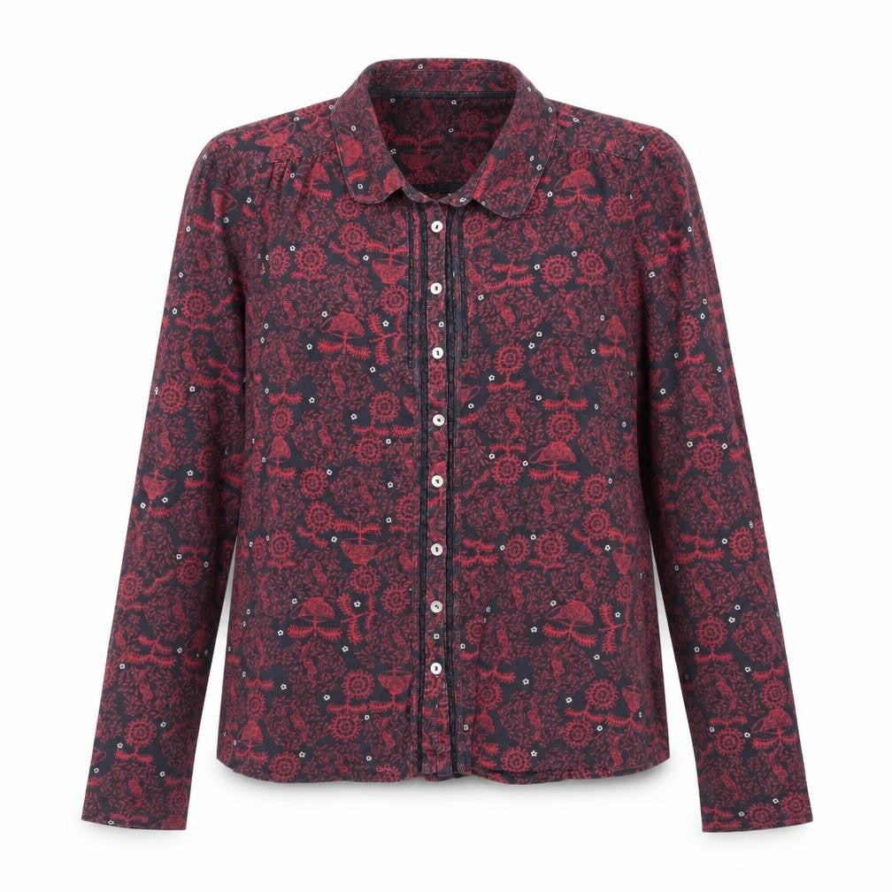 Front view of White Stuff women’s red floral cotton button-up shirt, size UK 12