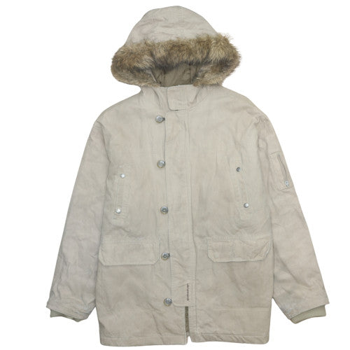 Quiksilver Men's Beige L Hooded Parka Coat Faux Fur Trim Lined Winter Jacket
