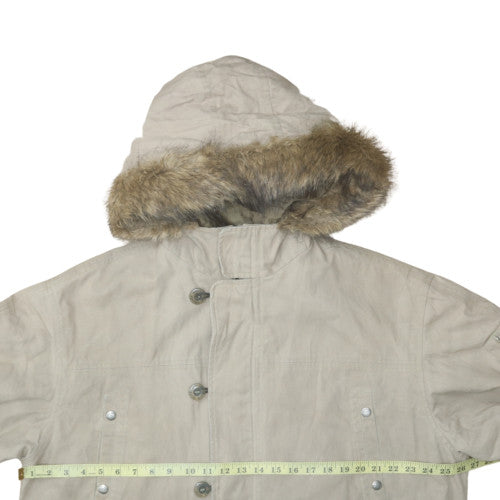 Quiksilver Men's Beige L Hooded Parka Coat Faux Fur Trim Lined Winter Jacket