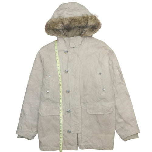 Quiksilver Men's Beige L Hooded Parka Coat Faux Fur Trim Lined Winter Jacket