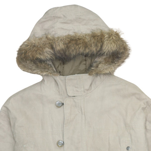 Quiksilver Men's Beige L Hooded Parka Coat Faux Fur Trim Lined Winter Jacket