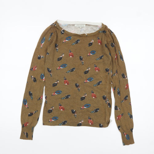 Laura Ashley Women's Brown Feather Print Cotton Pullover Jumper Size 8