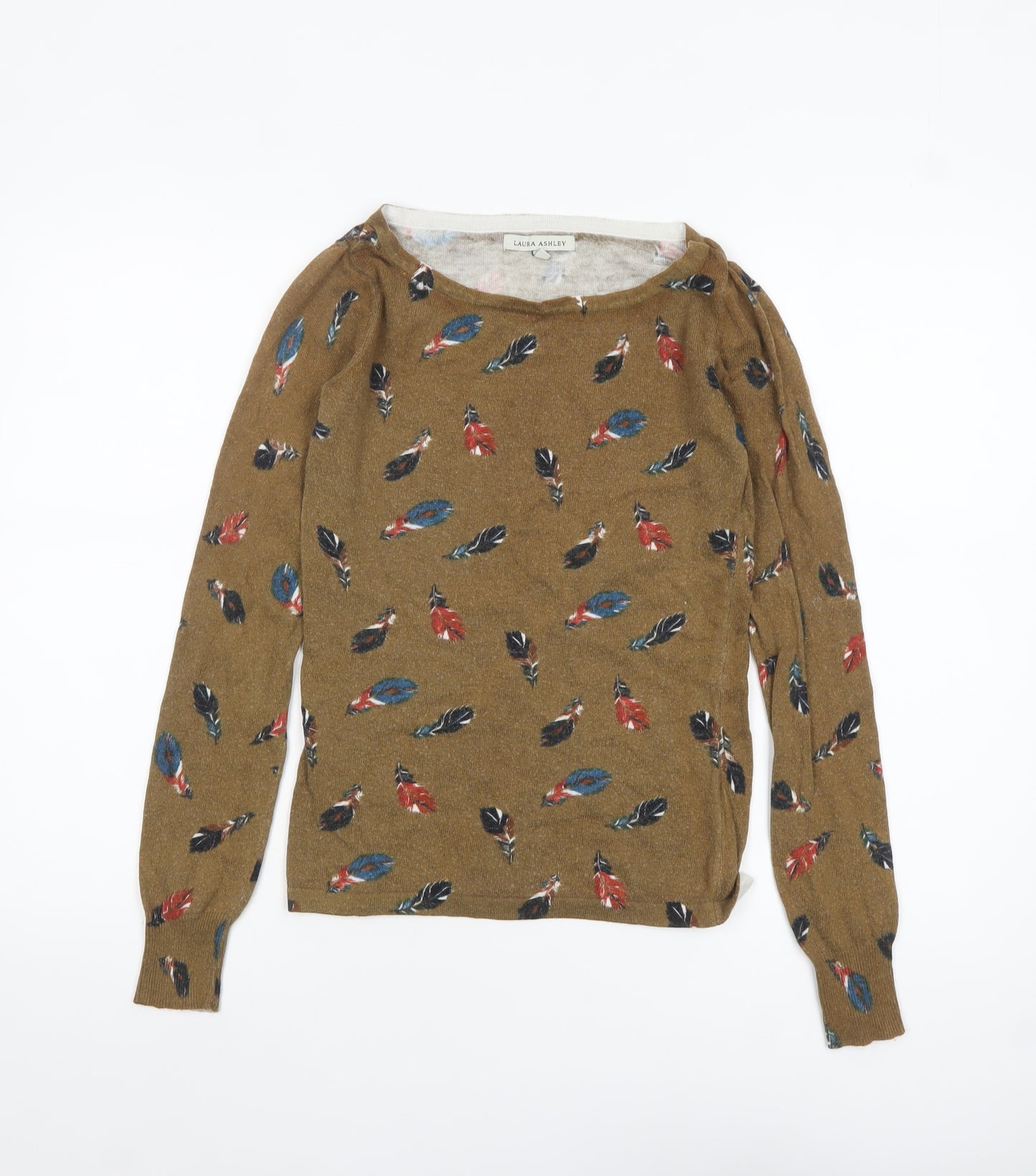 Laura Ashley Women's Brown Feather Print Cotton Pullover Jumper Size 8