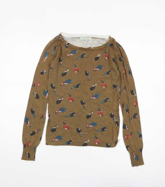 Laura Ashley Women's Brown Feather Print Cotton Pullover Jumper Size 8