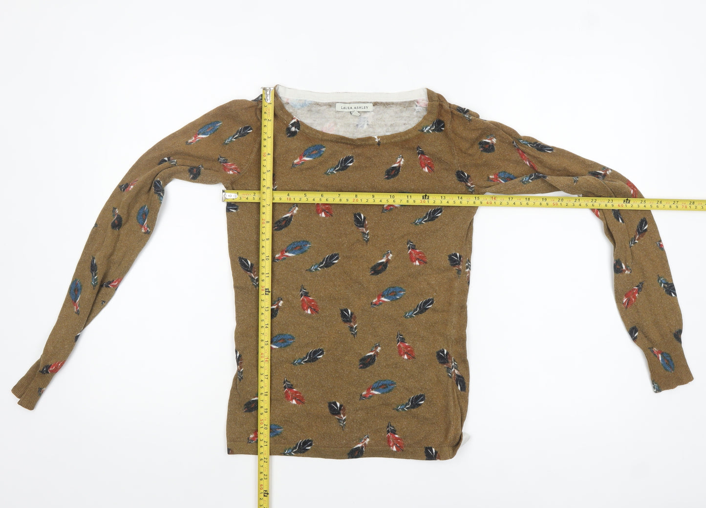 Laura Ashley Women's Brown Feather Print Cotton Pullover Jumper Size 8