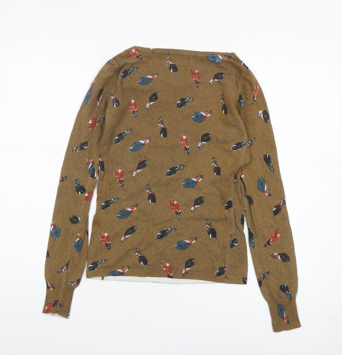 Laura Ashley Women's Brown Feather Print Cotton Pullover Jumper Size 8