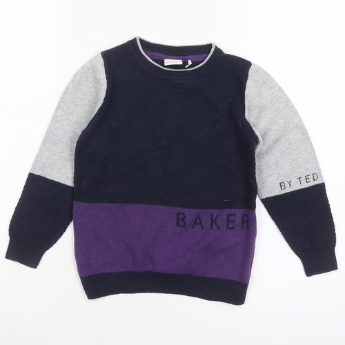 Baker by Ted Baker Boys Colourblock Navy Grey Purple Cotton Wool Jumper 4-5 Years