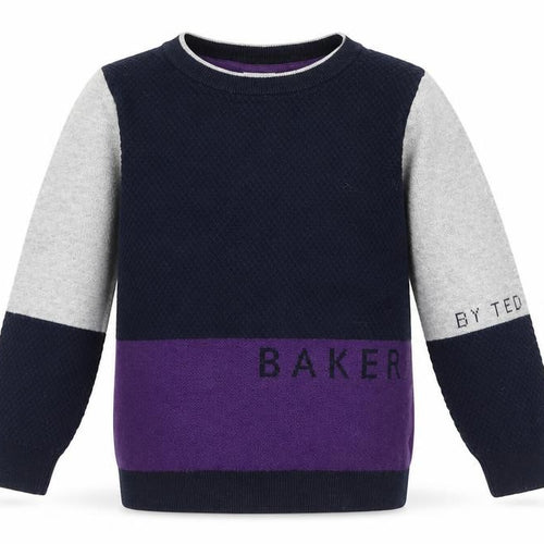 Baker by Ted Baker Boys Colourblock Navy Grey Purple Cotton Wool Jumper 4-5 Years