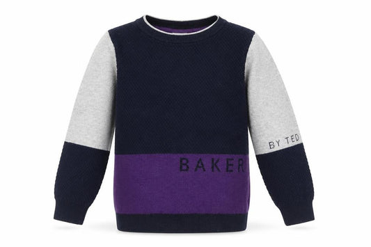 Baker by Ted Baker Boys Colourblock Navy Grey Purple Cotton Wool Jumper 4-5 Years