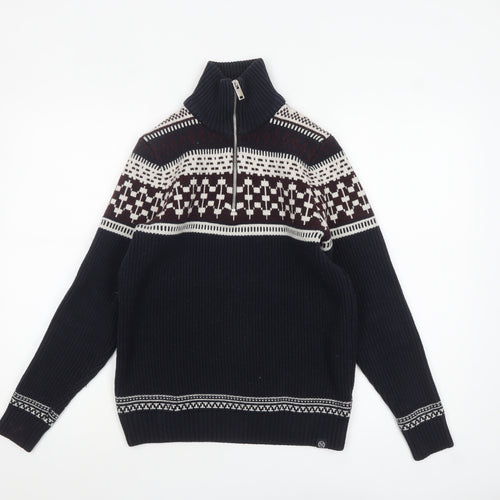 Marks and Spencer Men’s Blue Fair Isle 1/2 Zip Cotton Blend Jumper S