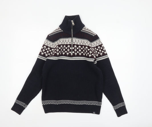 Marks and Spencer Men’s Blue Fair Isle 1/2 Zip Cotton Blend Jumper S