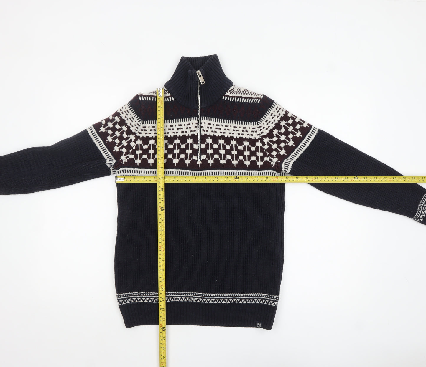 Marks and Spencer Men’s Blue Fair Isle 1/2 Zip Cotton Blend Jumper S