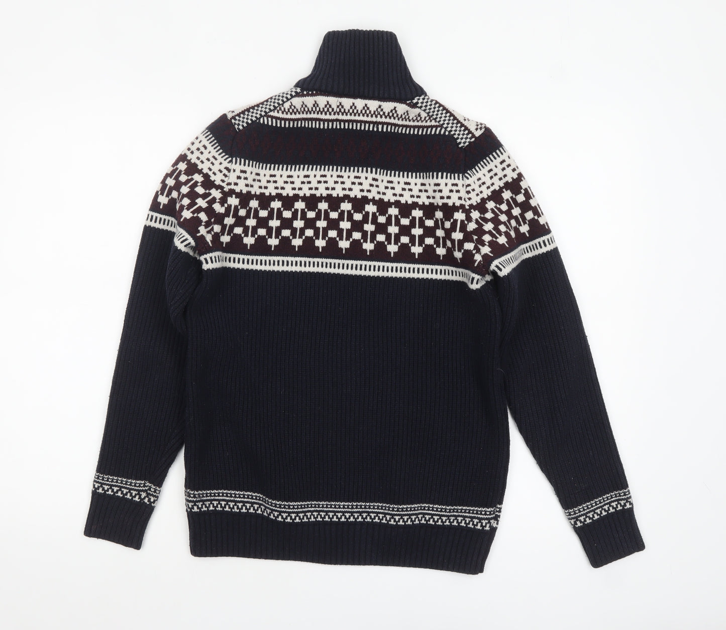 Marks and Spencer Men’s Blue Fair Isle 1/2 Zip Cotton Blend Jumper S