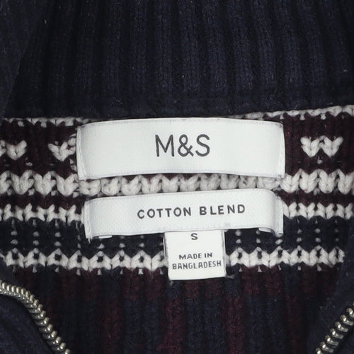 Marks and Spencer Men’s Blue Fair Isle 1/2 Zip Cotton Blend Jumper S