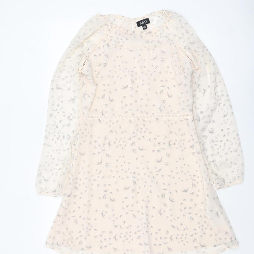 Anita & Green Women Beige Bird Print Chiffon A-Line Dress Size 10