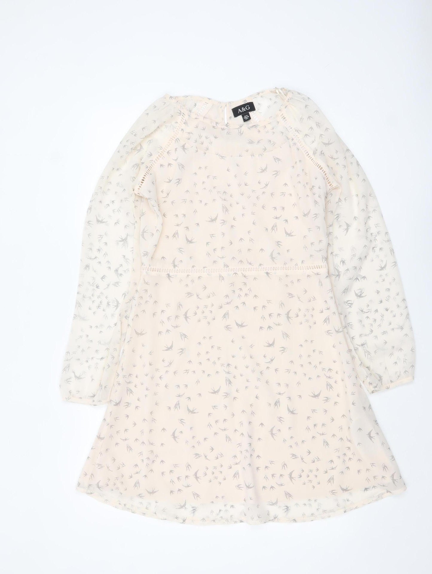 Anita & Green Women Beige Bird Print Chiffon A-Line Dress Size 10