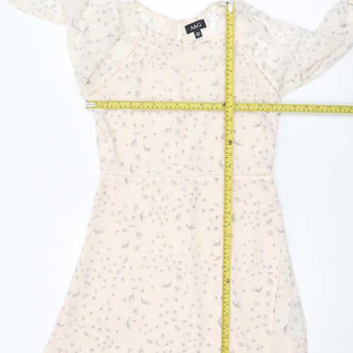 Anita & Green Women Beige Bird Print Chiffon A-Line Dress Size 10