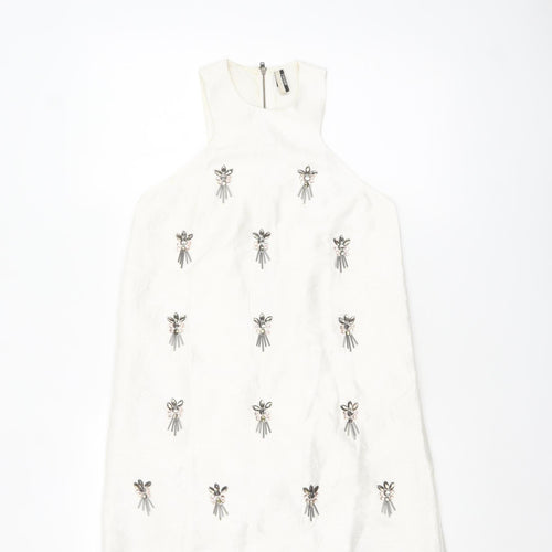 Topshop Women White Size 6 Sleeveless Beaded Shift Dress