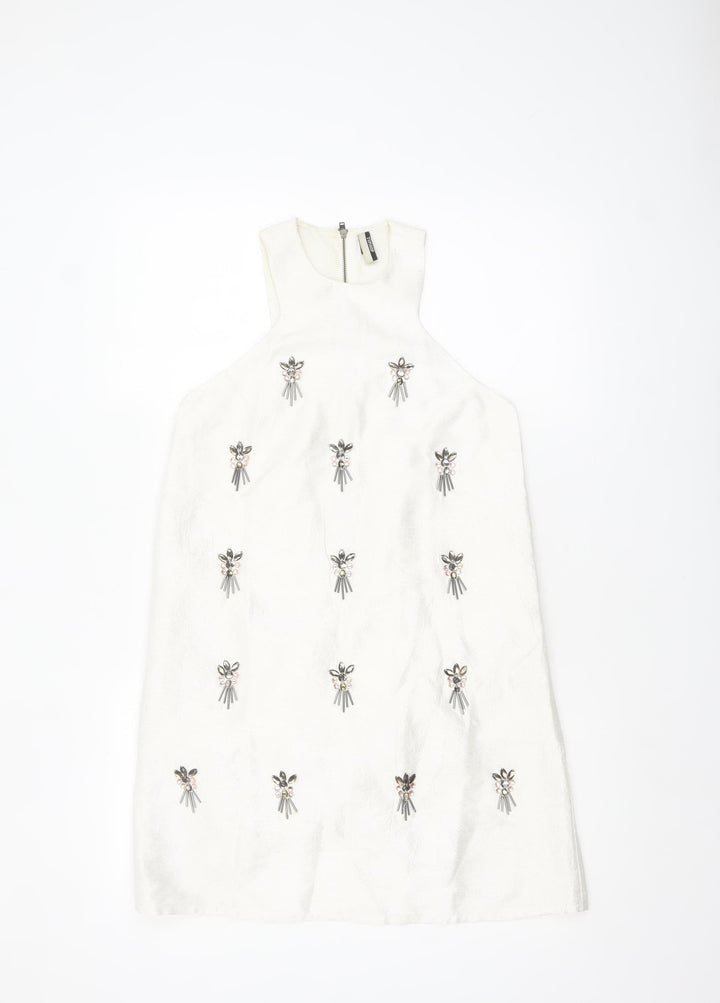 Topshop Women White Size 6 Sleeveless Beaded Shift Dress