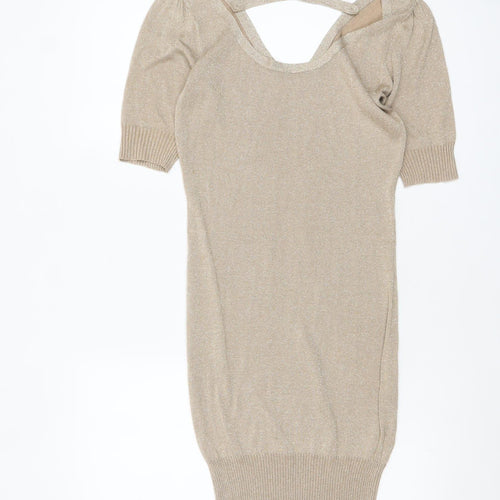 Vila Women Beige Glitter V-Neck Short Sleeve Pullover Jumper Size S