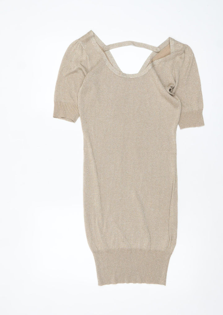 Vila Women Beige Glitter V-Neck Short Sleeve Pullover Jumper Size S