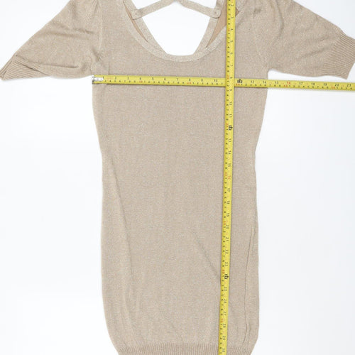 Vila Women Beige Glitter V-Neck Short Sleeve Pullover Jumper Size S
