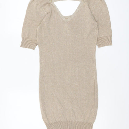 Vila Women Beige Glitter V-Neck Short Sleeve Pullover Jumper Size S
