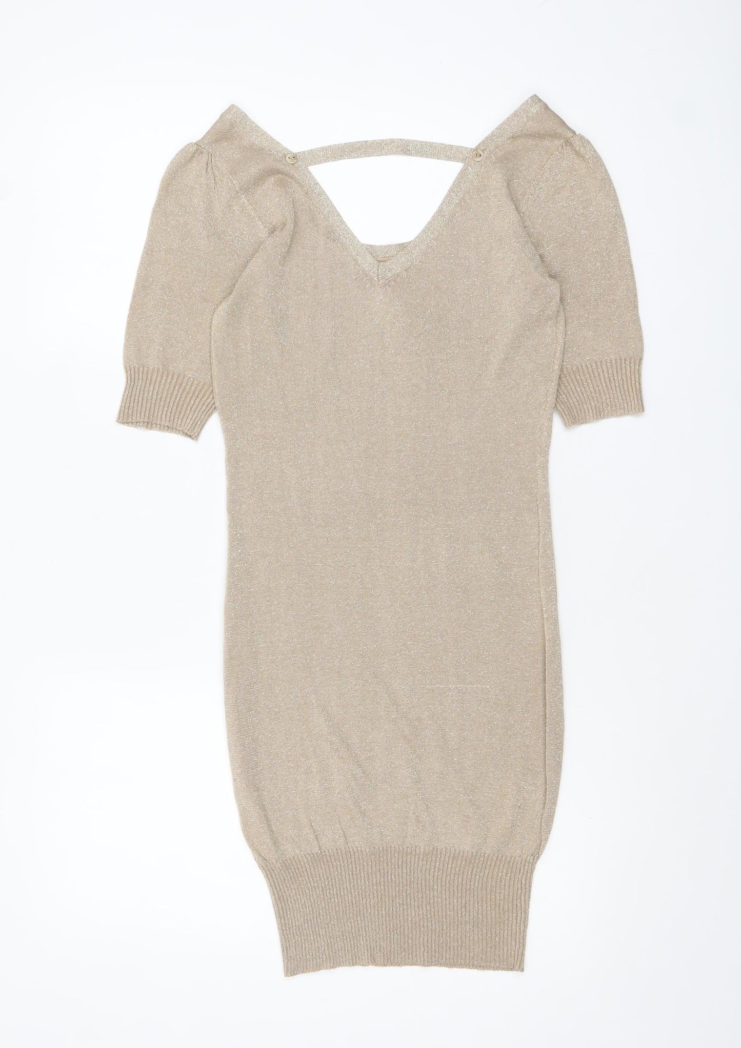 Vila Women Beige Glitter V-Neck Short Sleeve Pullover Jumper Size S