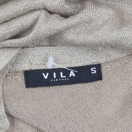 Vila Women Beige Glitter V-Neck Short Sleeve Pullover Jumper Size S