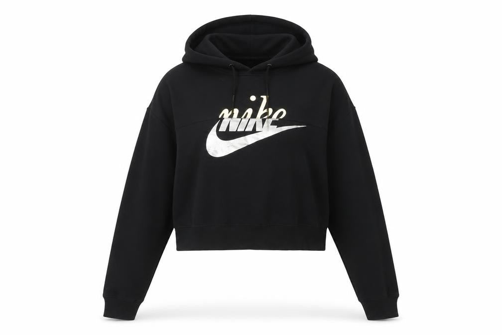 Front view of Nike women’s black medium pullover hoodie with metallic logo