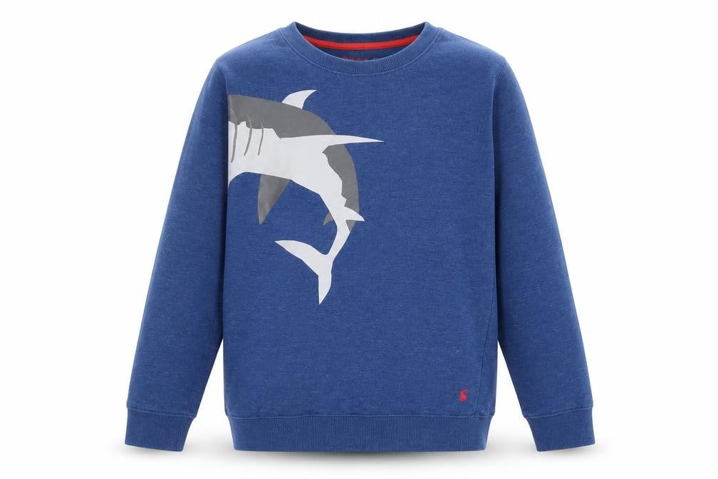 Front view of Joules boys’ blue shark graphic pullover sweatshirt 11-12 years