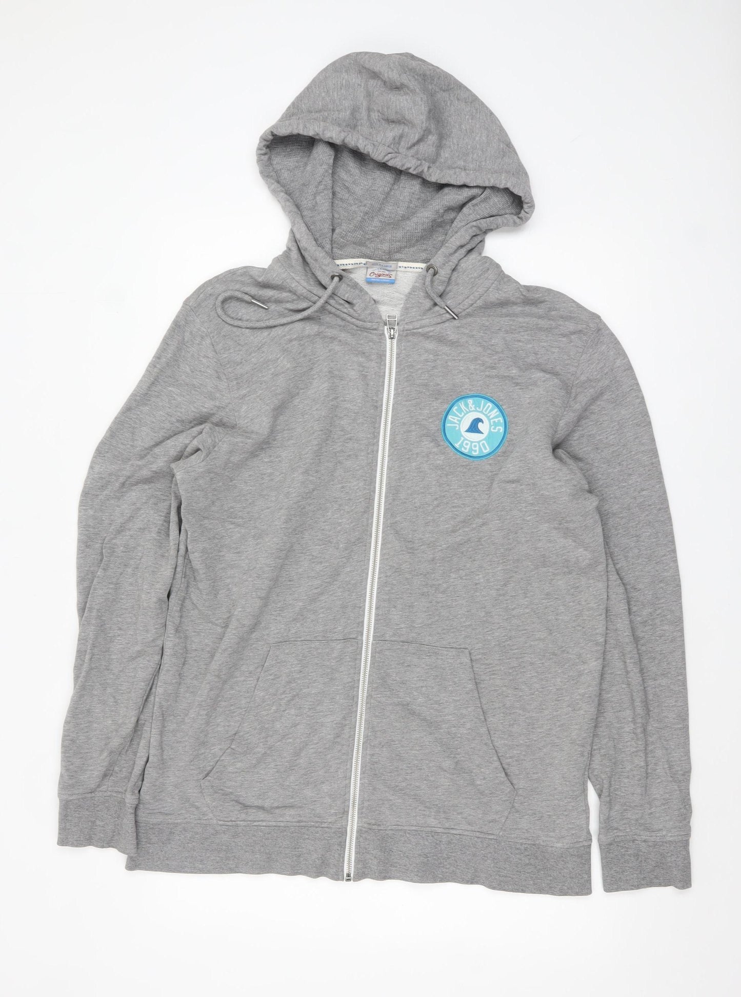 Jack & Jones Mens Grey Full Zip Hoodie XL Logo Lightweight Sweatshirt