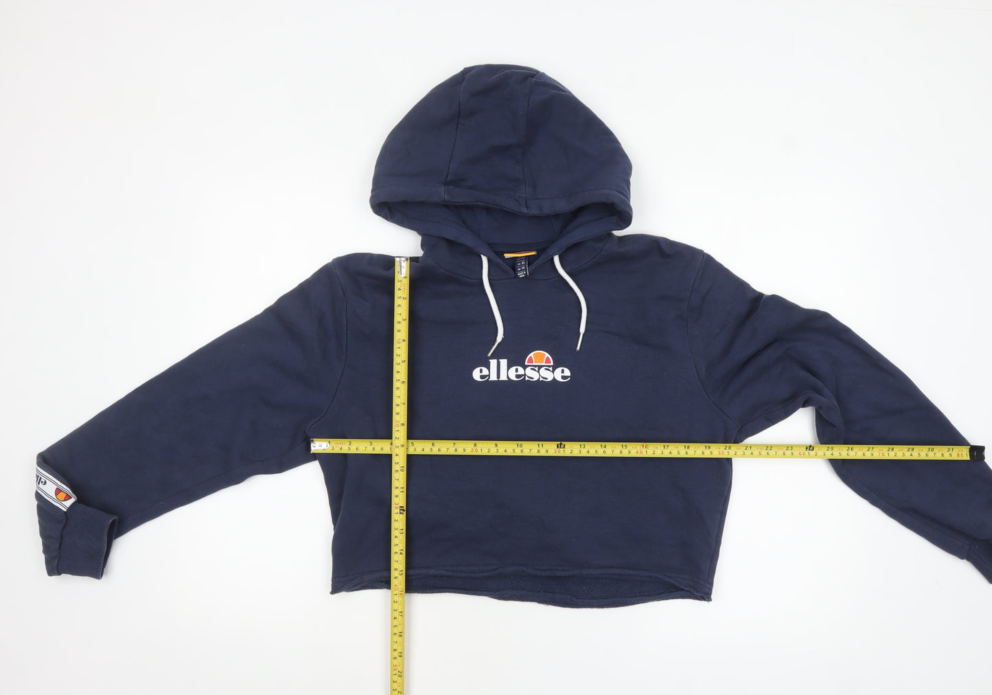 Ellesse Women's Navy Cropped Hoodie UK 14 Logo Sleeve Tape Cotton Blend