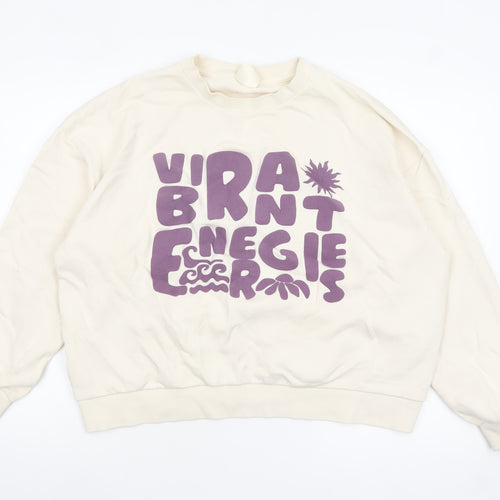 Pull & Bear Womens Beige XL Cotton Graphic Pullover Sweatshirt