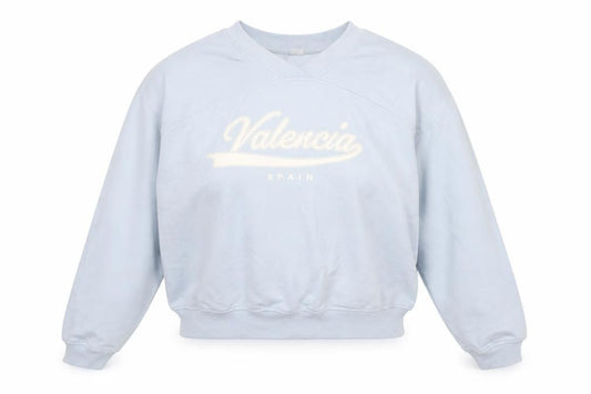 Front view of H&M Divided Women Blue Pullover Sweatshirt XL Valencia Print