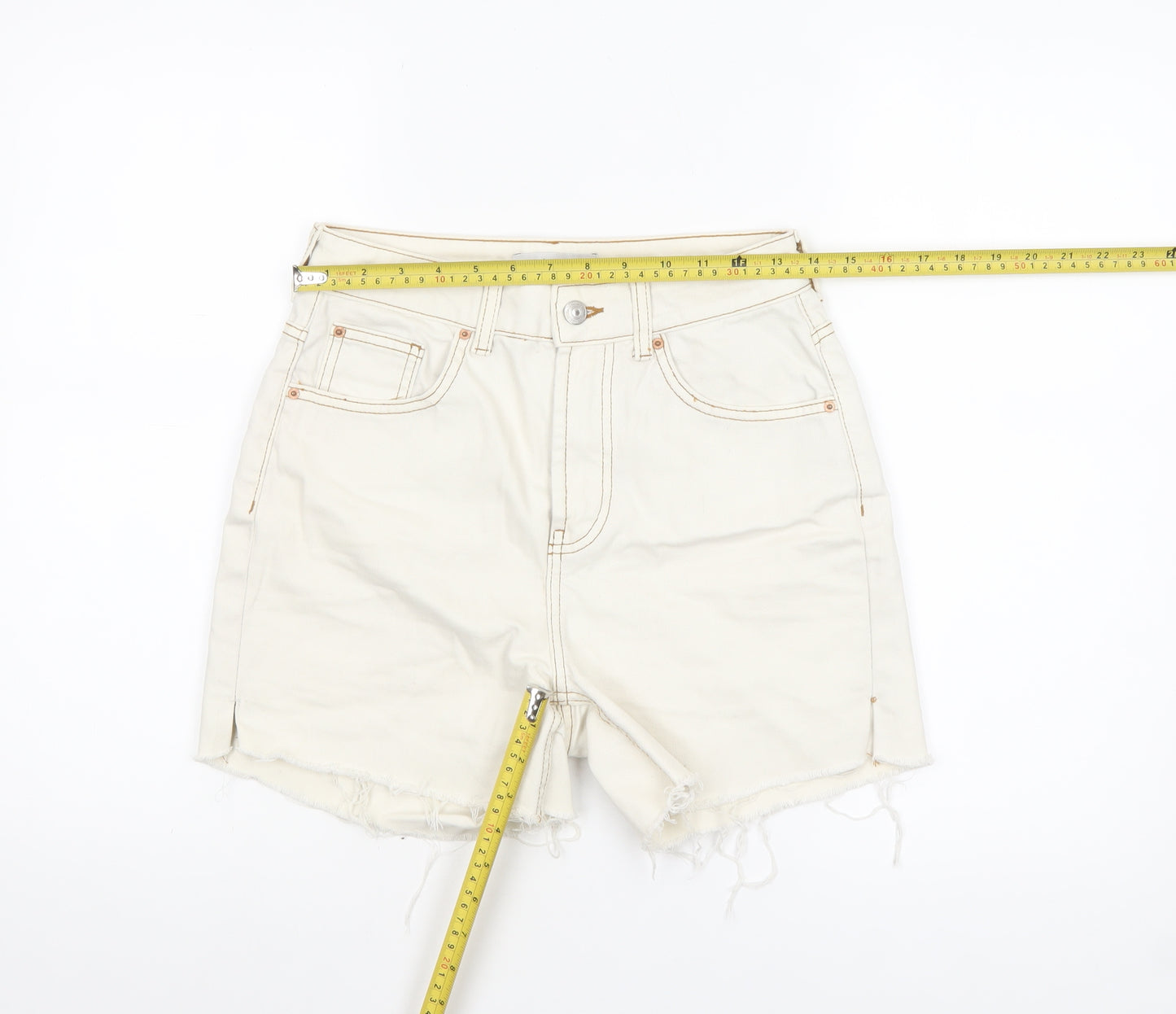 Primark Women Ivory High Waist Cut-Off Denim Shorts Size 8