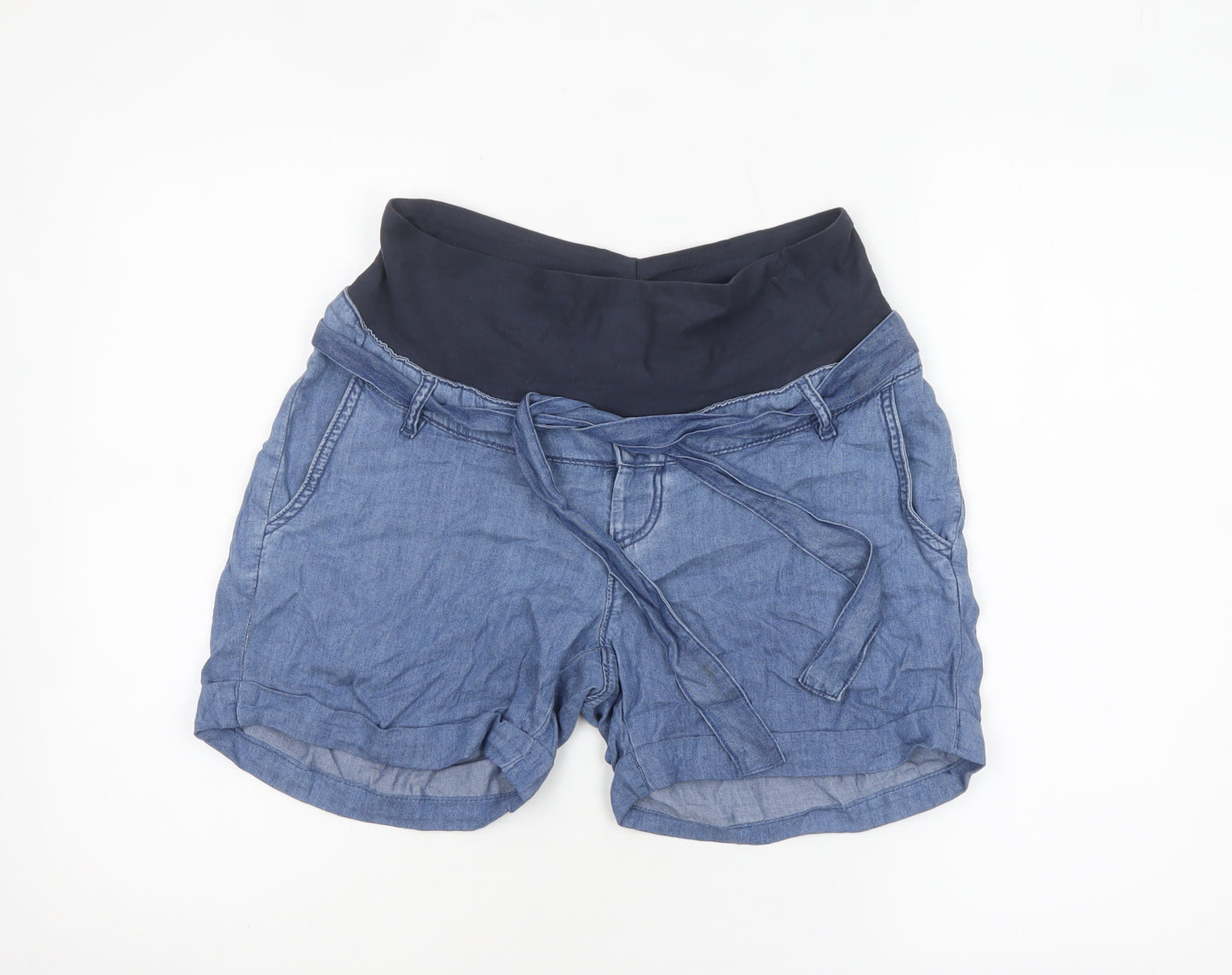 H&M Mama Blue Maternity Chambray Tie Waist Shorts Size 10