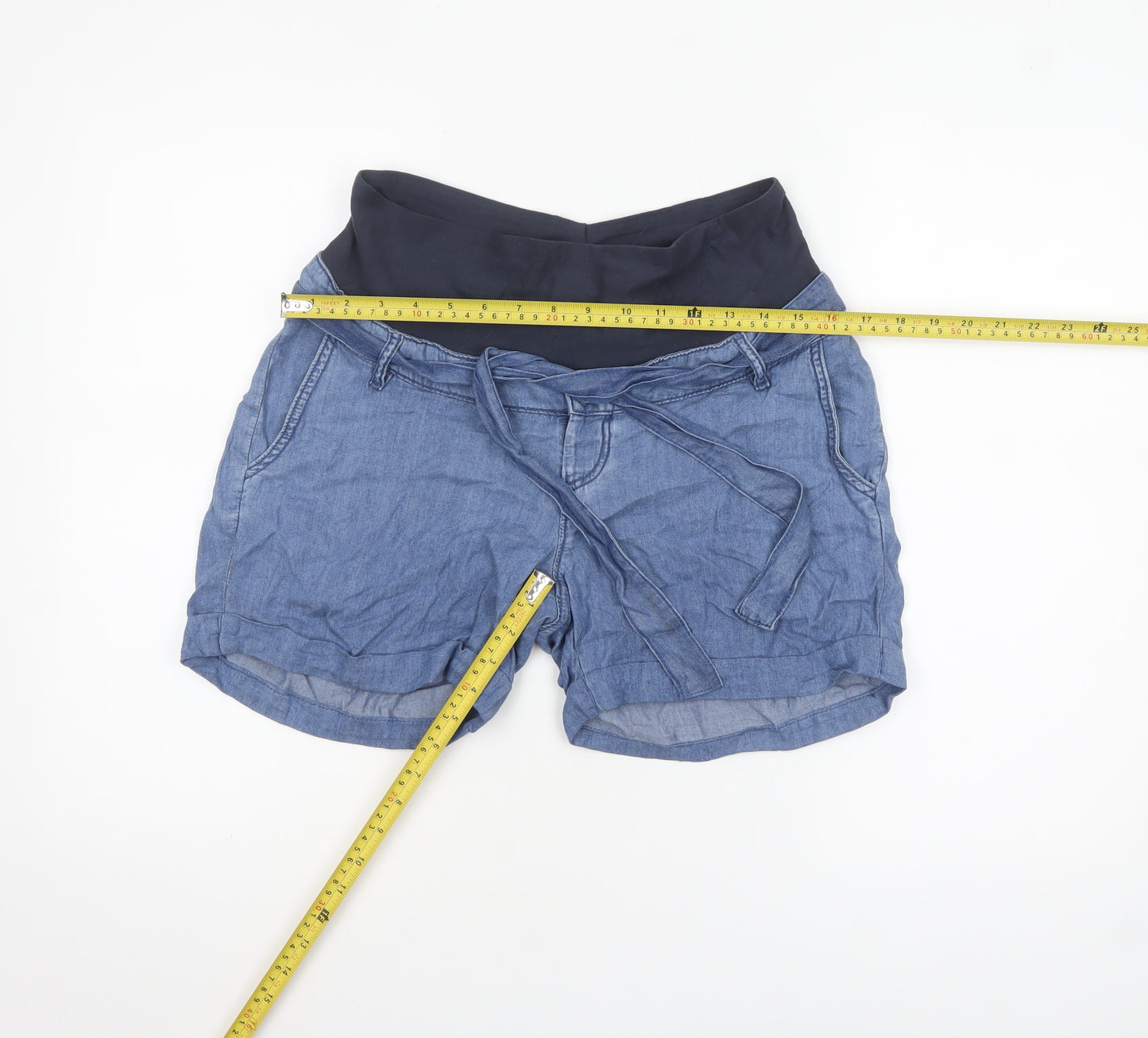 H&M Mama Blue Maternity Chambray Tie Waist Shorts Size 10