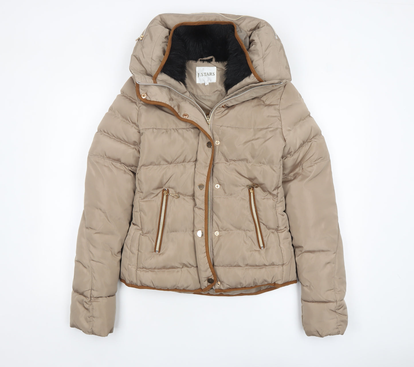 J.STARS Women’s Beige Short Puffer Jacket Hooded Size S Winter Coat